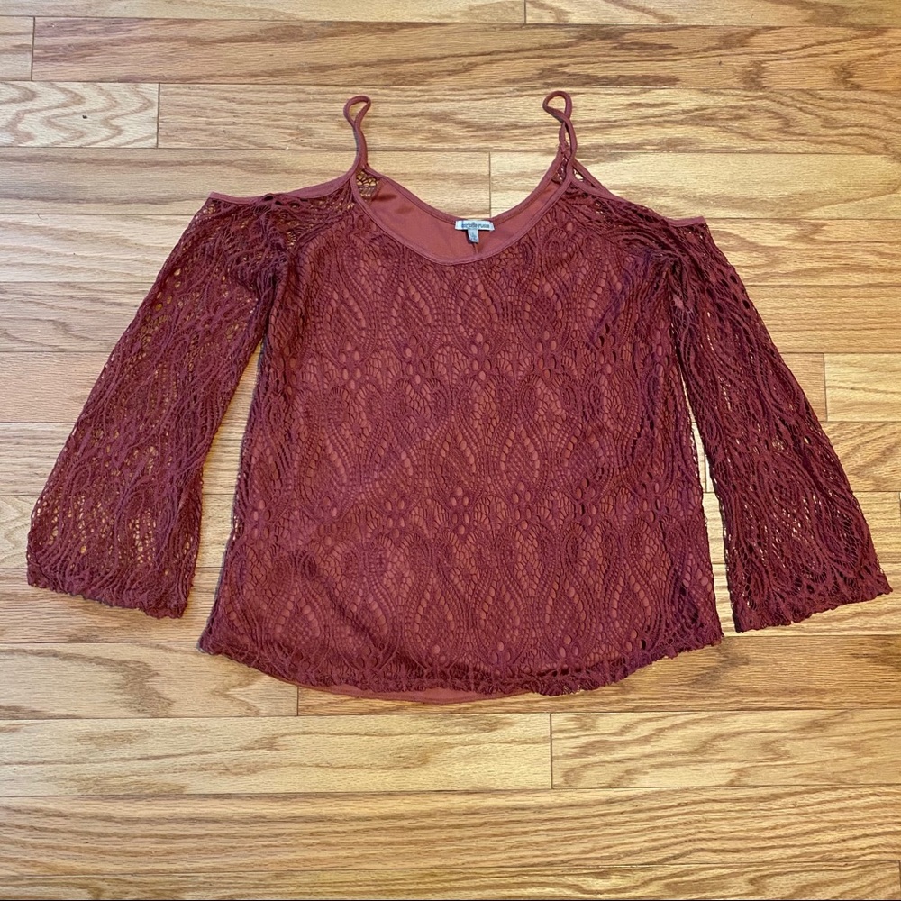Burgundy lace cold shoulder top